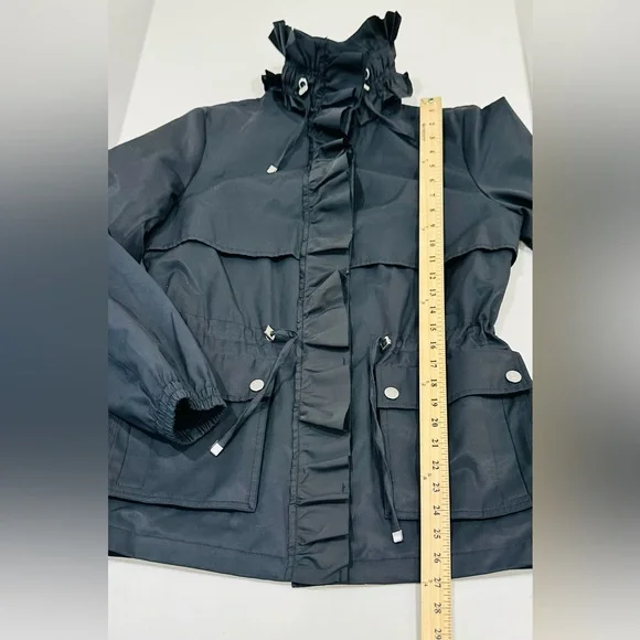 Betsy Johnson Women’s S Black Ruffle Trim Trench Coat‎ Adjustable Waist - Picture 13 of 14